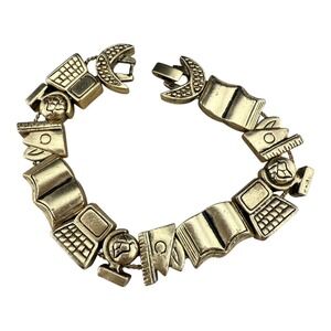Gold Tone Charm Bracelet Books Laptop‎ Globe Ruler Crescent Moon Clasp